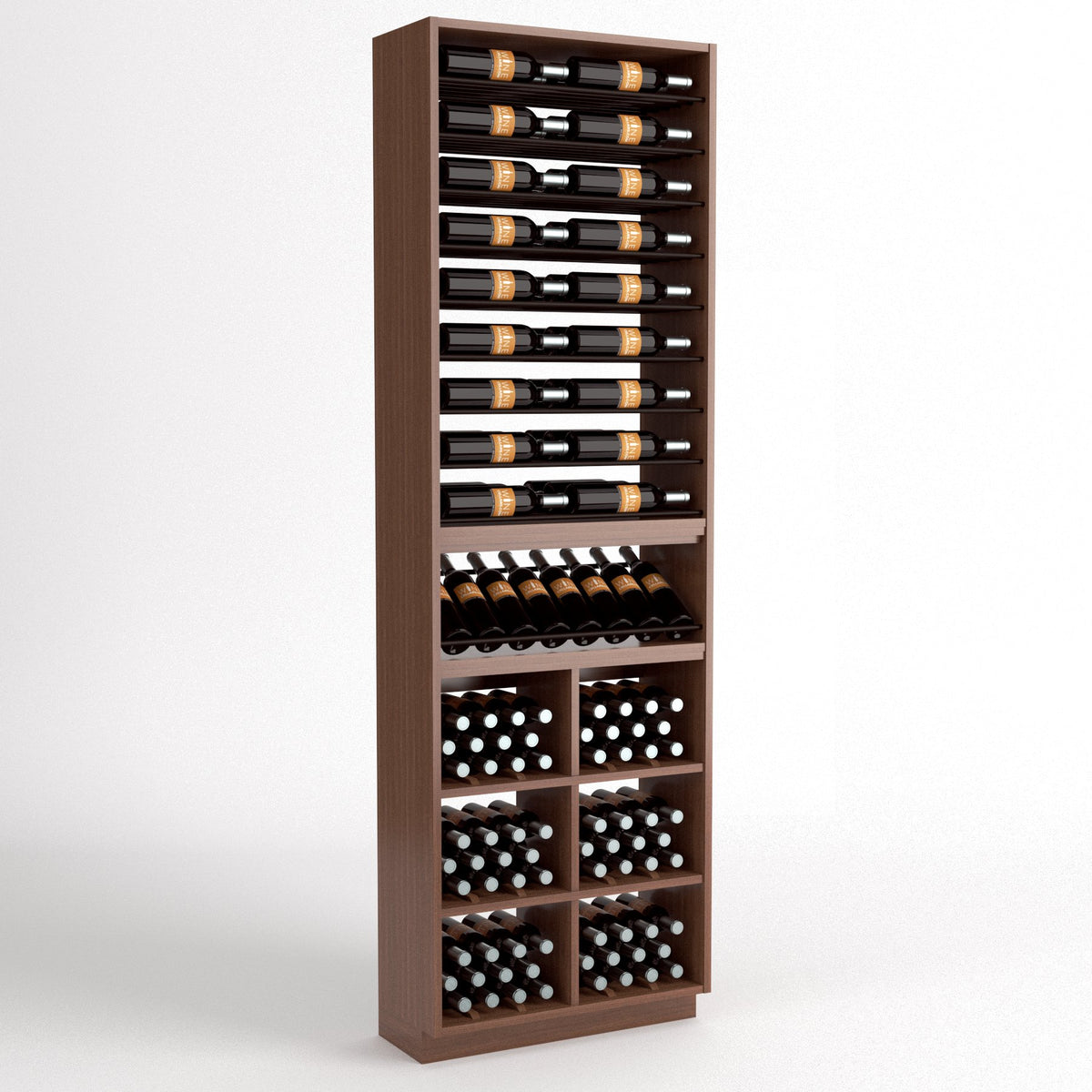 Dark wood wine storage cabinet with bottle racks and lower wine glass and bin storage