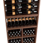 Wood wine rack display with dark bottle rails and rows of stemware storage bins