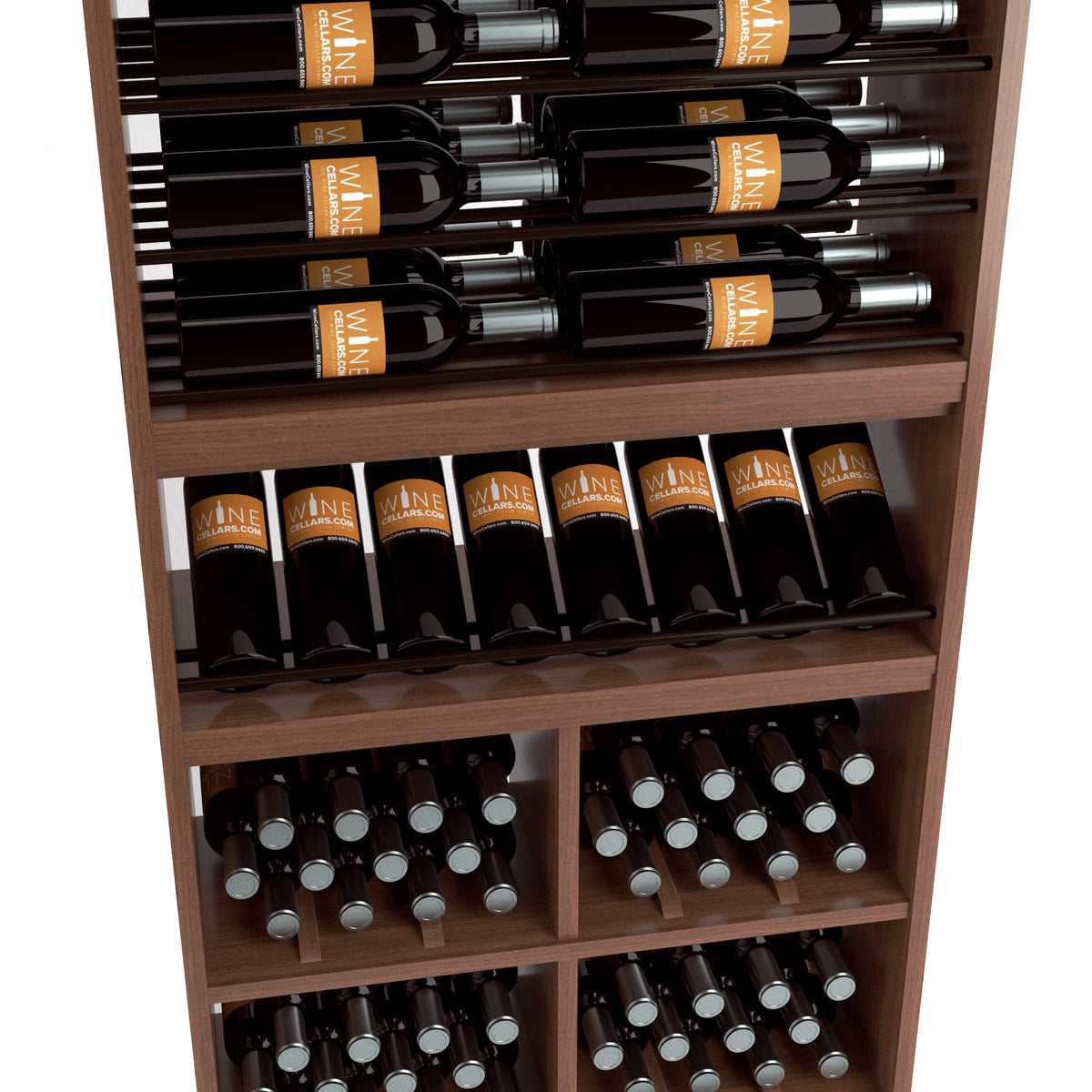 Wood wine rack display with dark bottle rails and rows of stemware storage bins