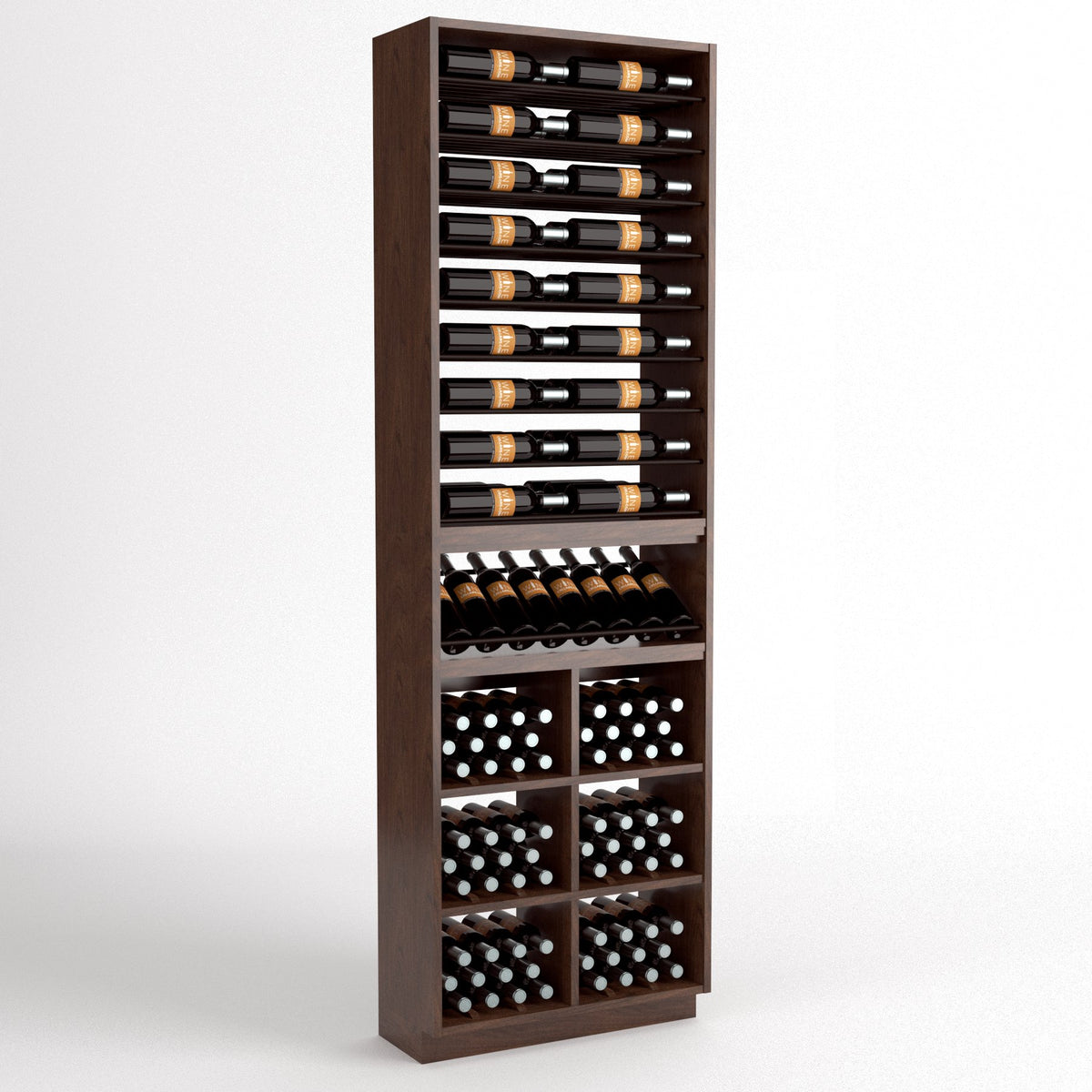Dark wood wine storage cabinet with front-facing 6-column bottle display and storage bins
