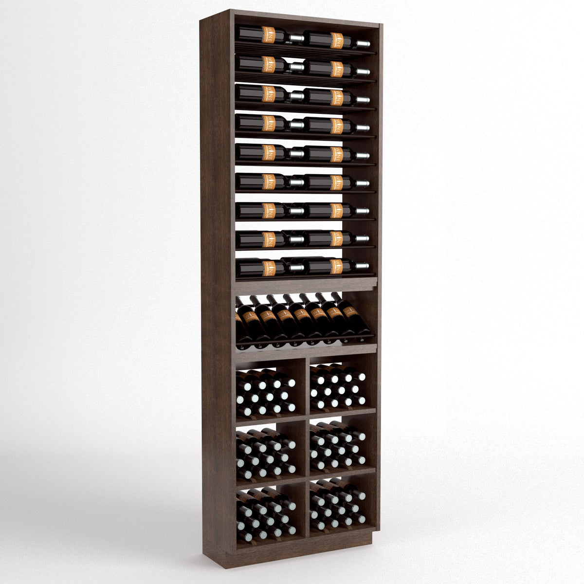 Wood wine display rack with six bottle rails, curved bottle holder, and lower bottle bin cells