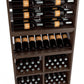 Wood wine bottle rack with 6-column rails, wine bottle bottles, and glass bins