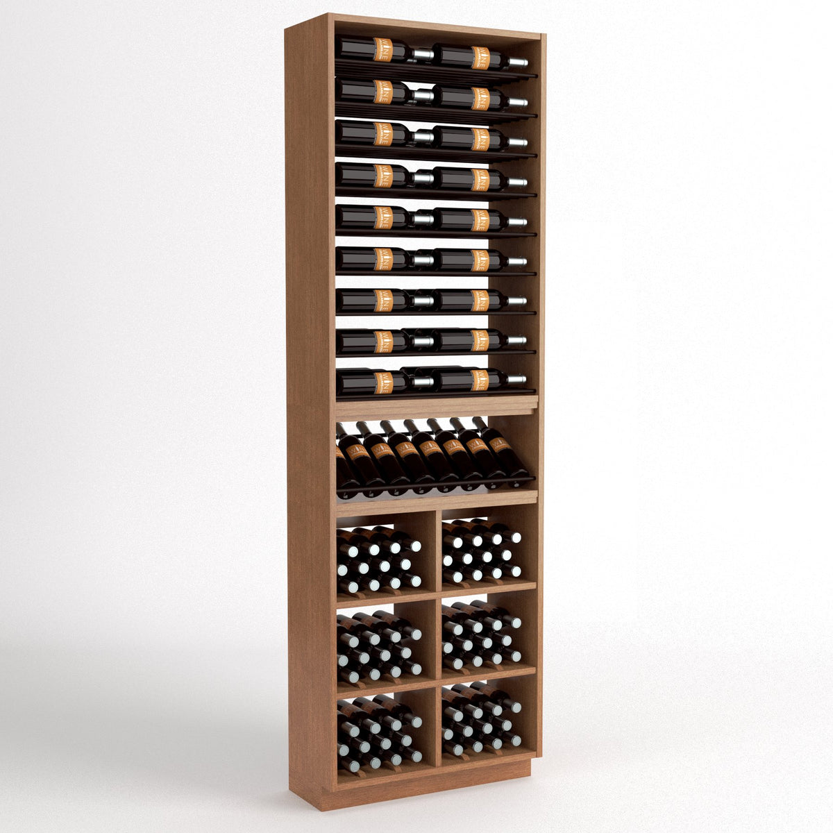 Dark wood tall wine cabinet with 6-column bottle racks, wine glass storage, and bins