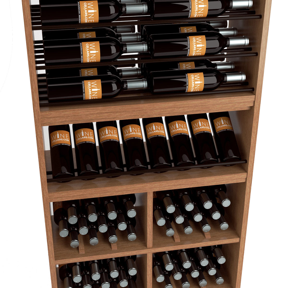 Wood wine bottle and glass storage rack with bottle shelves and bin compartments