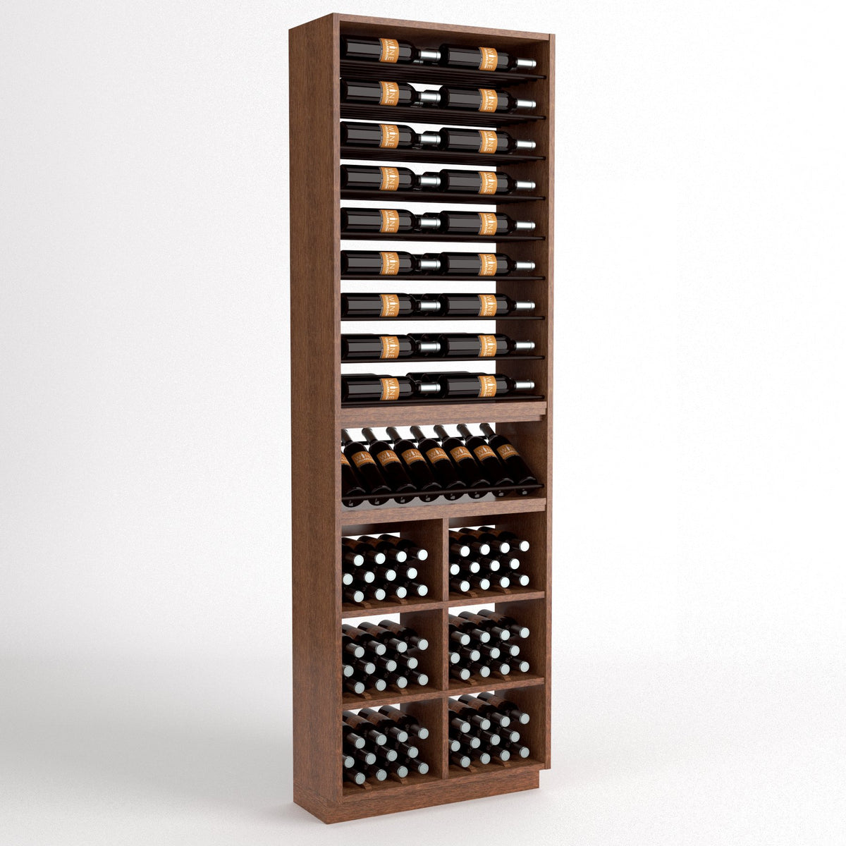 Dark wood wine storage cabinet with organized bottle display, glass holders, and wine bins