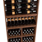 Wood wine bottle rack with dark bottle rails and multiple glass holder shelves