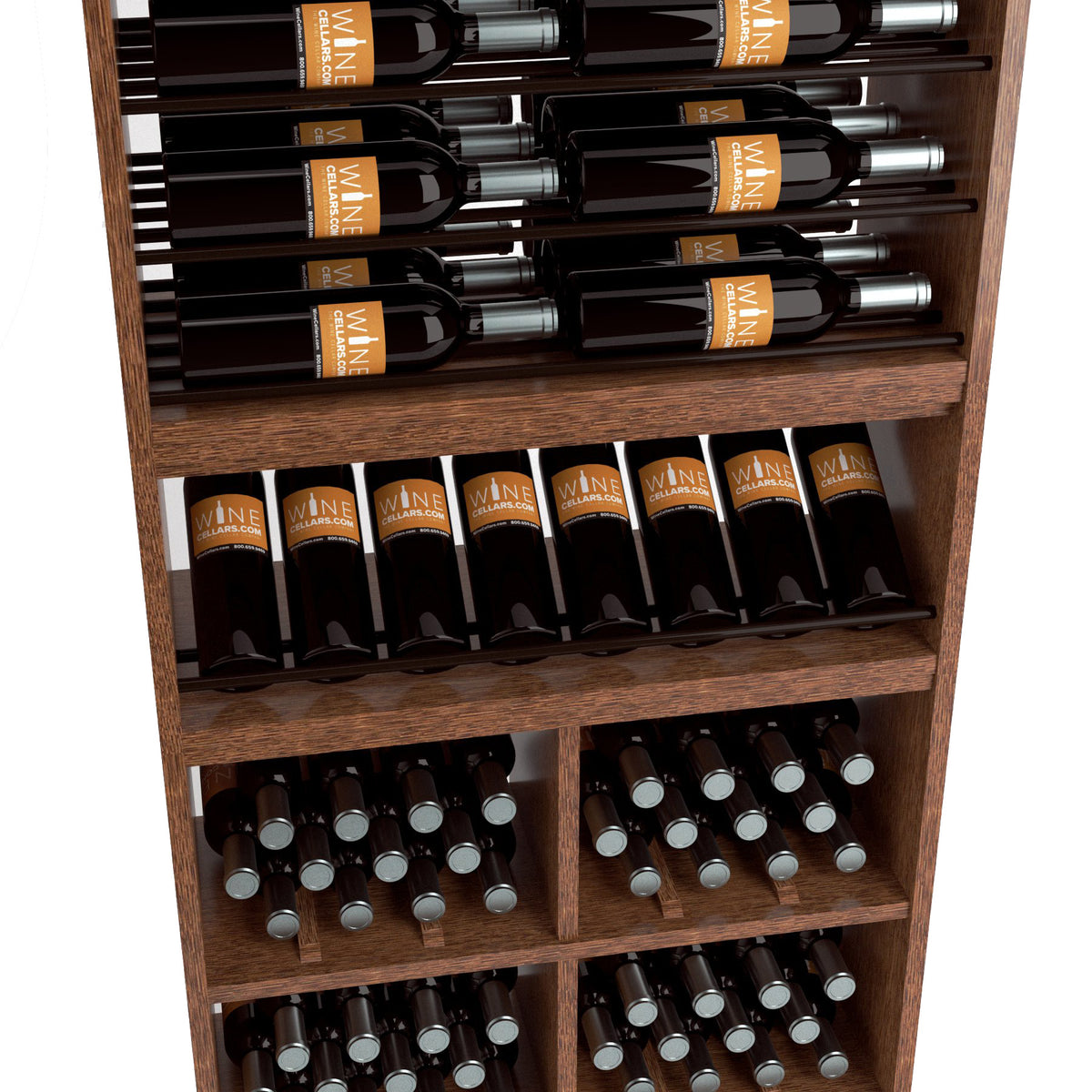 Wood wine bottle rack with dark bottle rails and multiple glass holder shelves