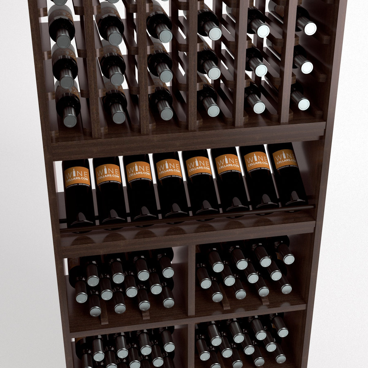 Dark wood wine rack close-up with bottle slots, front curved bottle shelf, and cubby storage.