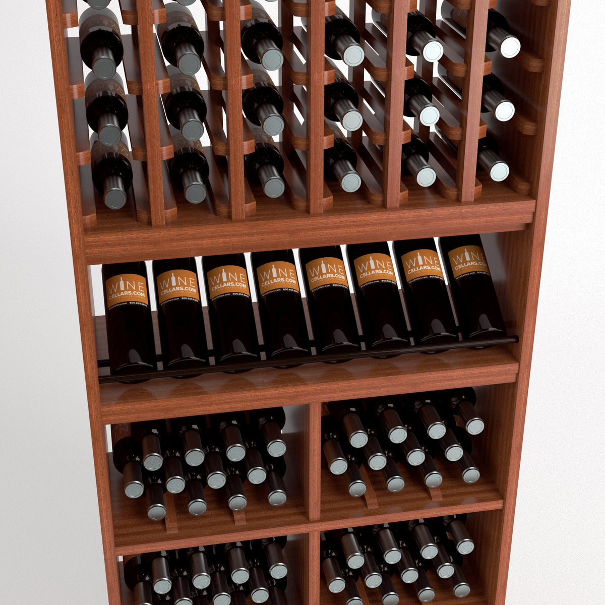 Wood wine rack section with upright bottle columns and lower tiers for stored bottles