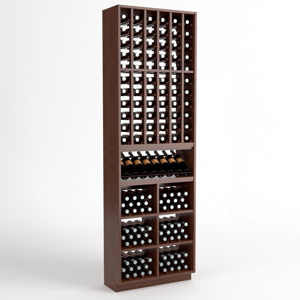 Walnut-finish wine bottle rack with 6 columns, glass holders, and storage bins