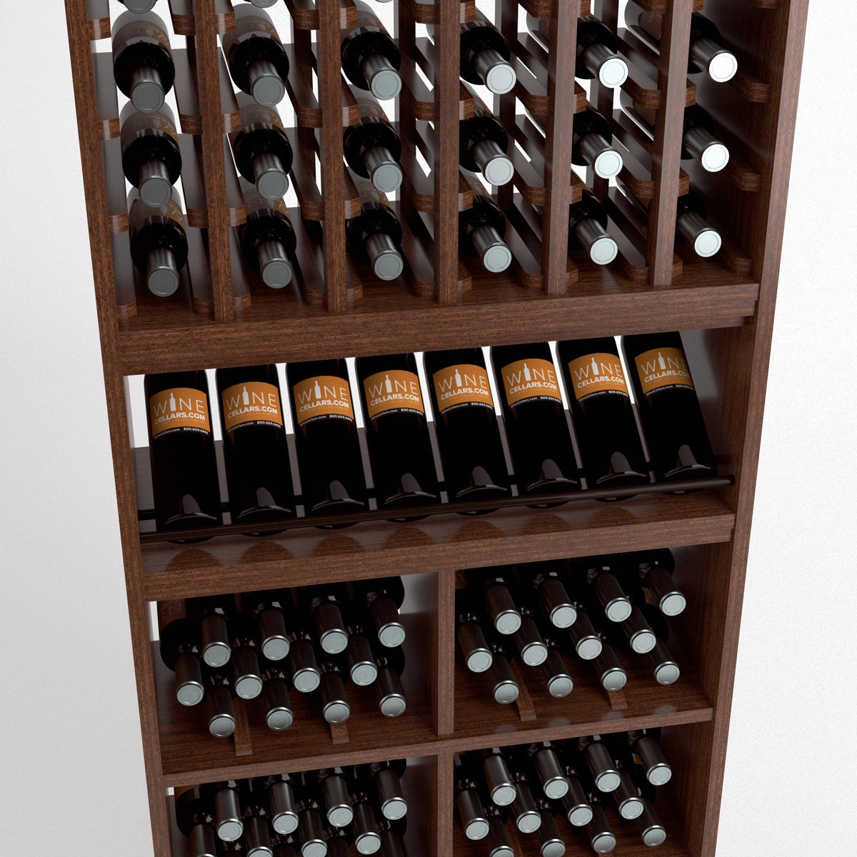 Close-up wine rack section with angled wine bottle storage and rows of bottles