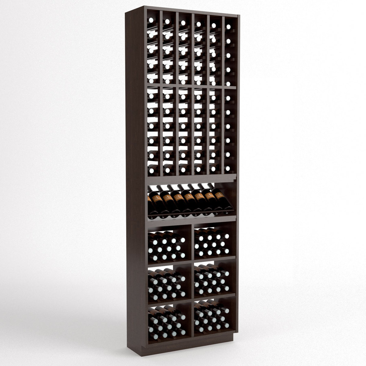 Wood wine bottle rack with 6 columns, wine glass holders, and storage bins