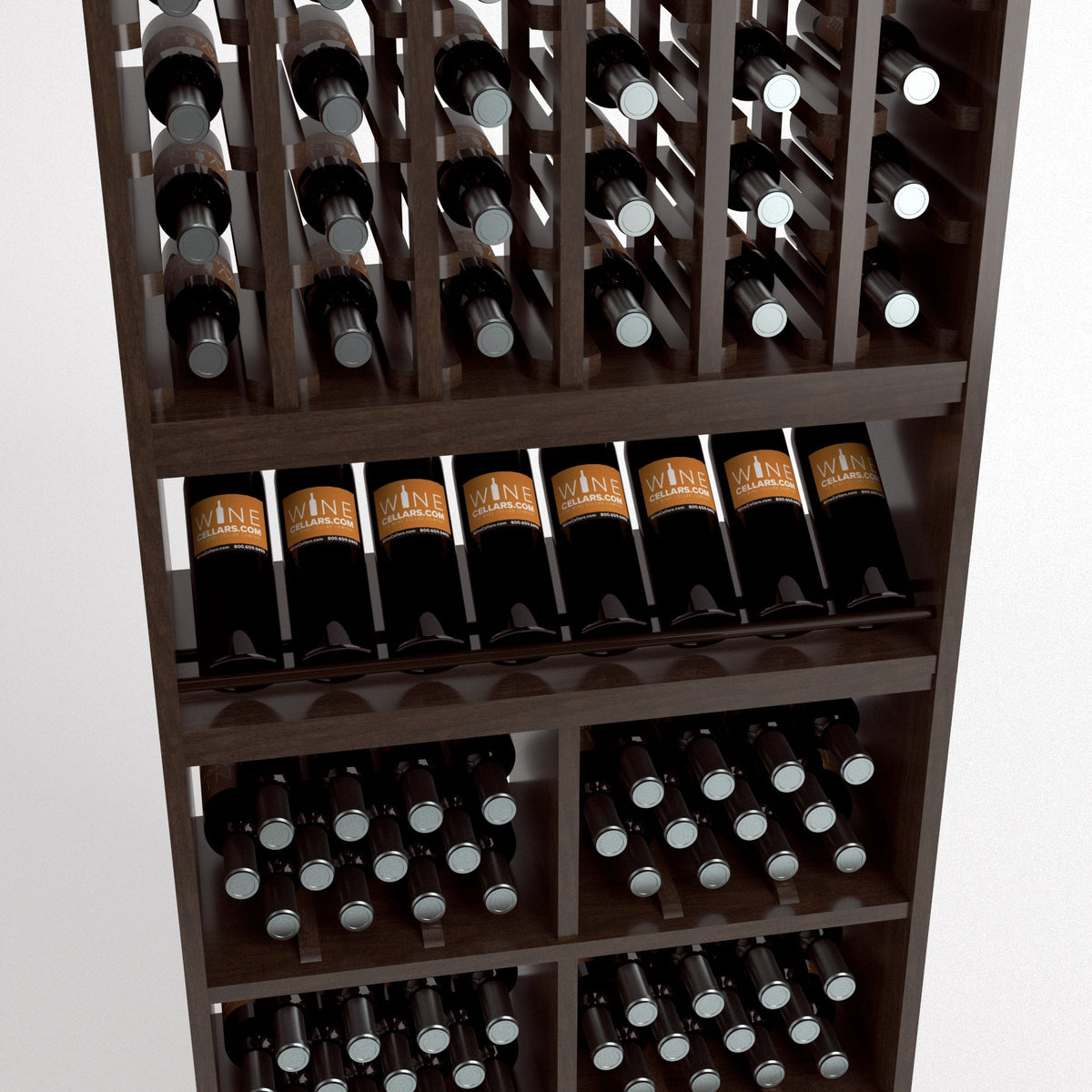 Close-up wine rack: bottle slots, wine bottles, and metal-topped bottle openings