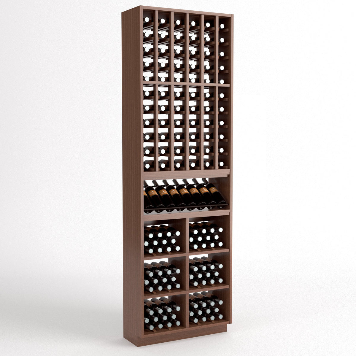 Wood wine bottle rack with 6 columns, bottle cradles, and square storage bins