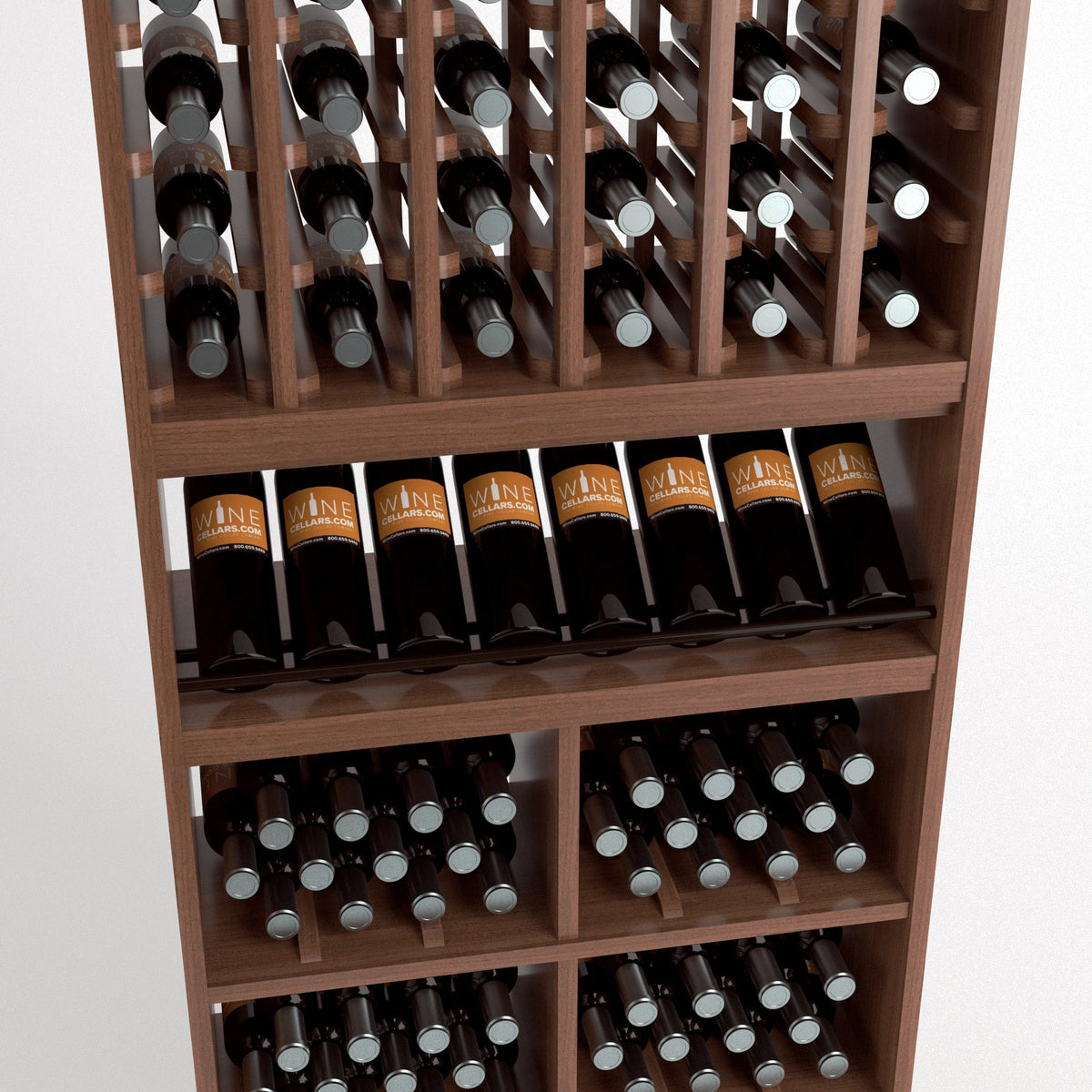 Wood wine rack section with upright bottles in column slots and lower storage shelves