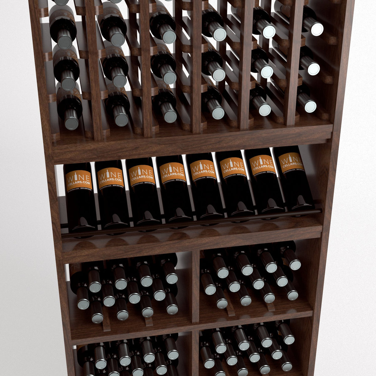 Close-up of wine rack: bottle slots above, and cubbies holding bottles below