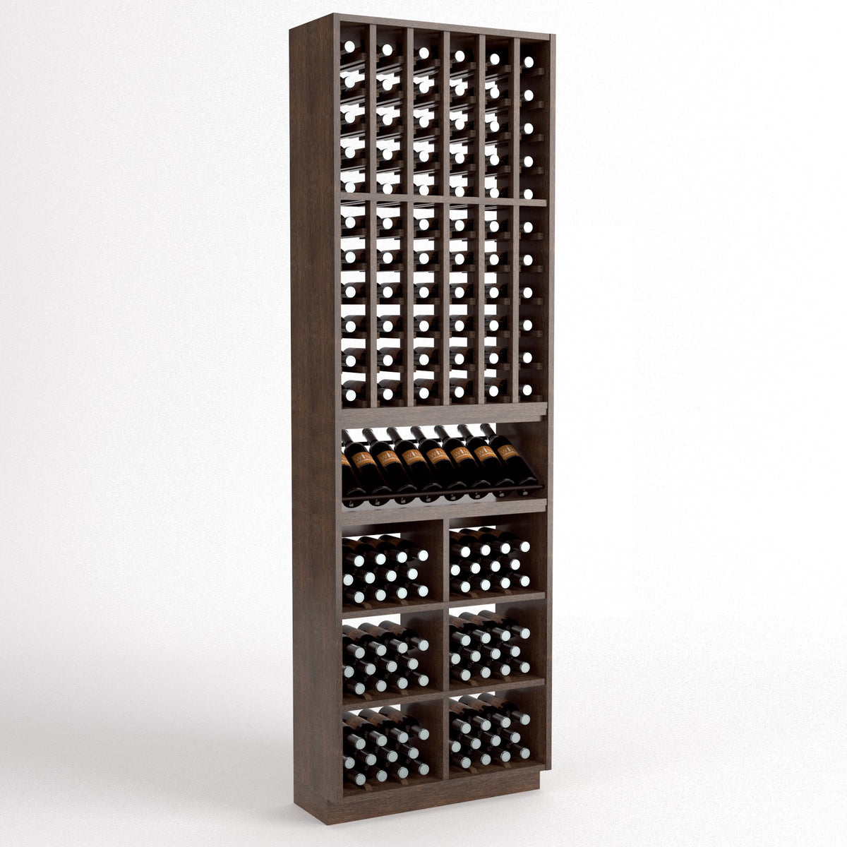 Espresso-stained wine bottle rack with 6 columns, bottle cradles, and bins