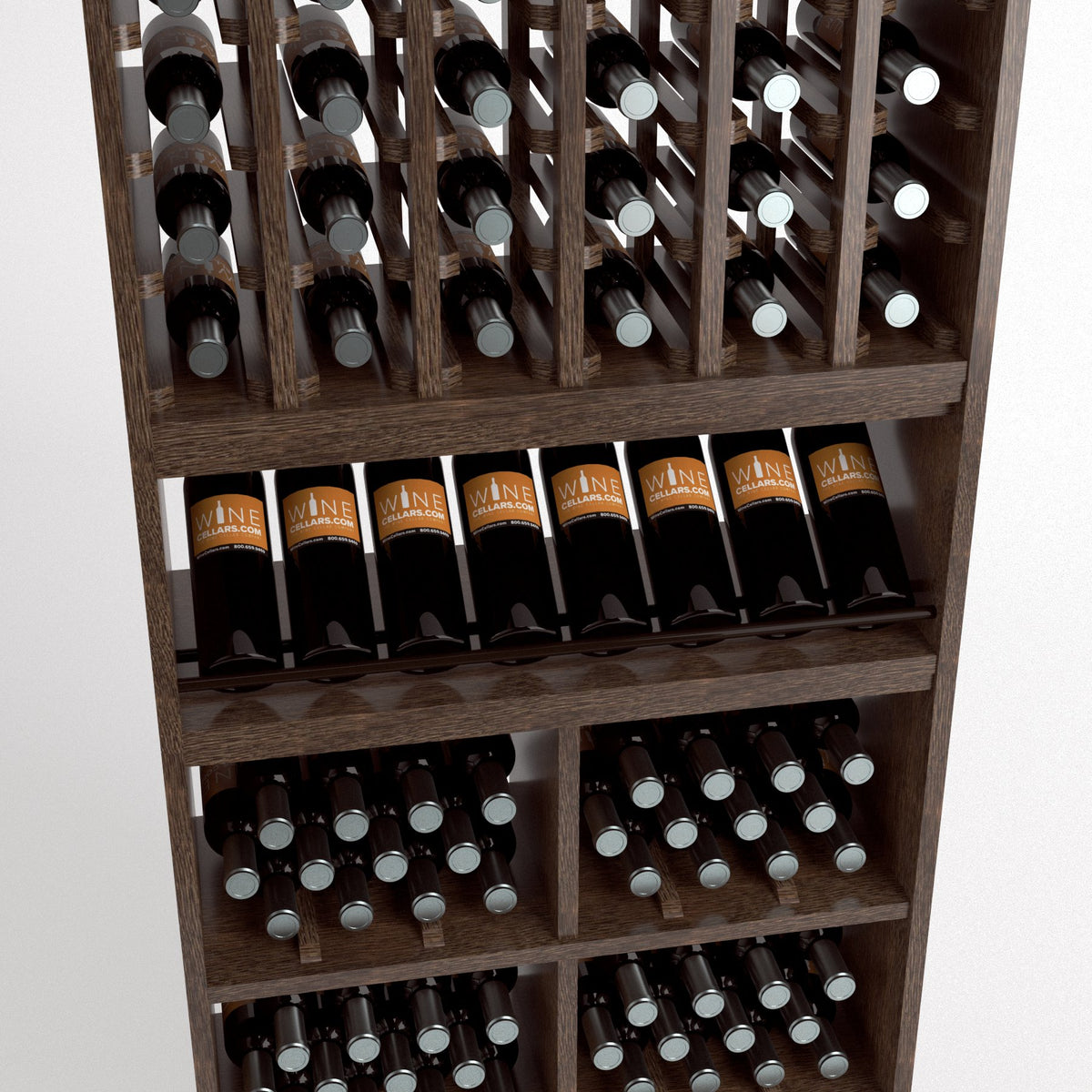 Wood wine rack section with upright bottle rows and cubbies holding bottles horizontally
