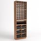 Natural-finish wine bottle rack with 6 columns, bottle cradles, and bins