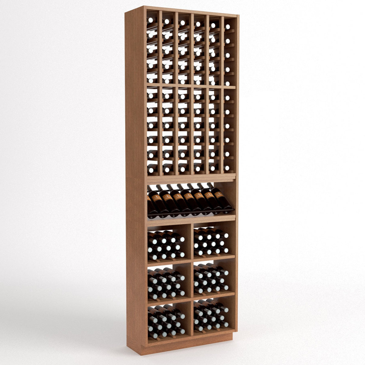 Natural-finish wine bottle rack with 6 columns, bottle cradles, and bins