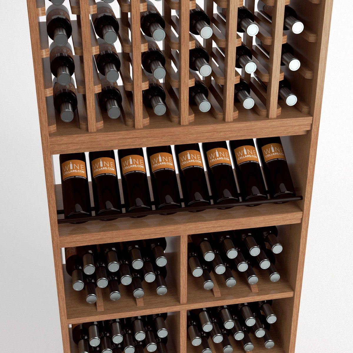 Wood wine rack section showing column bottle slots and lower shelves with boxed bottles