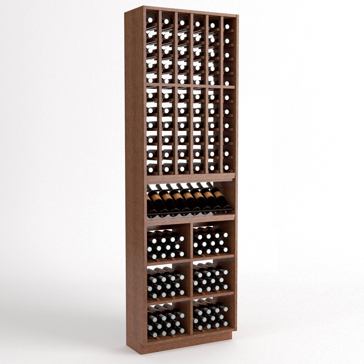 Wood wine bottle rack with 6 columns, display cubbies, and stacked storage bins