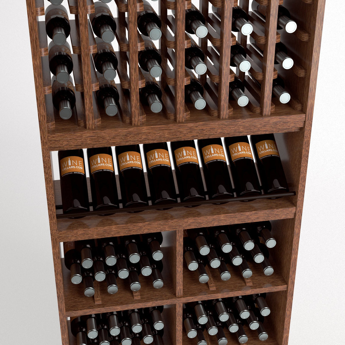 Wood wine rack section with bottle column display plus lower cubbies for horizontal bottles