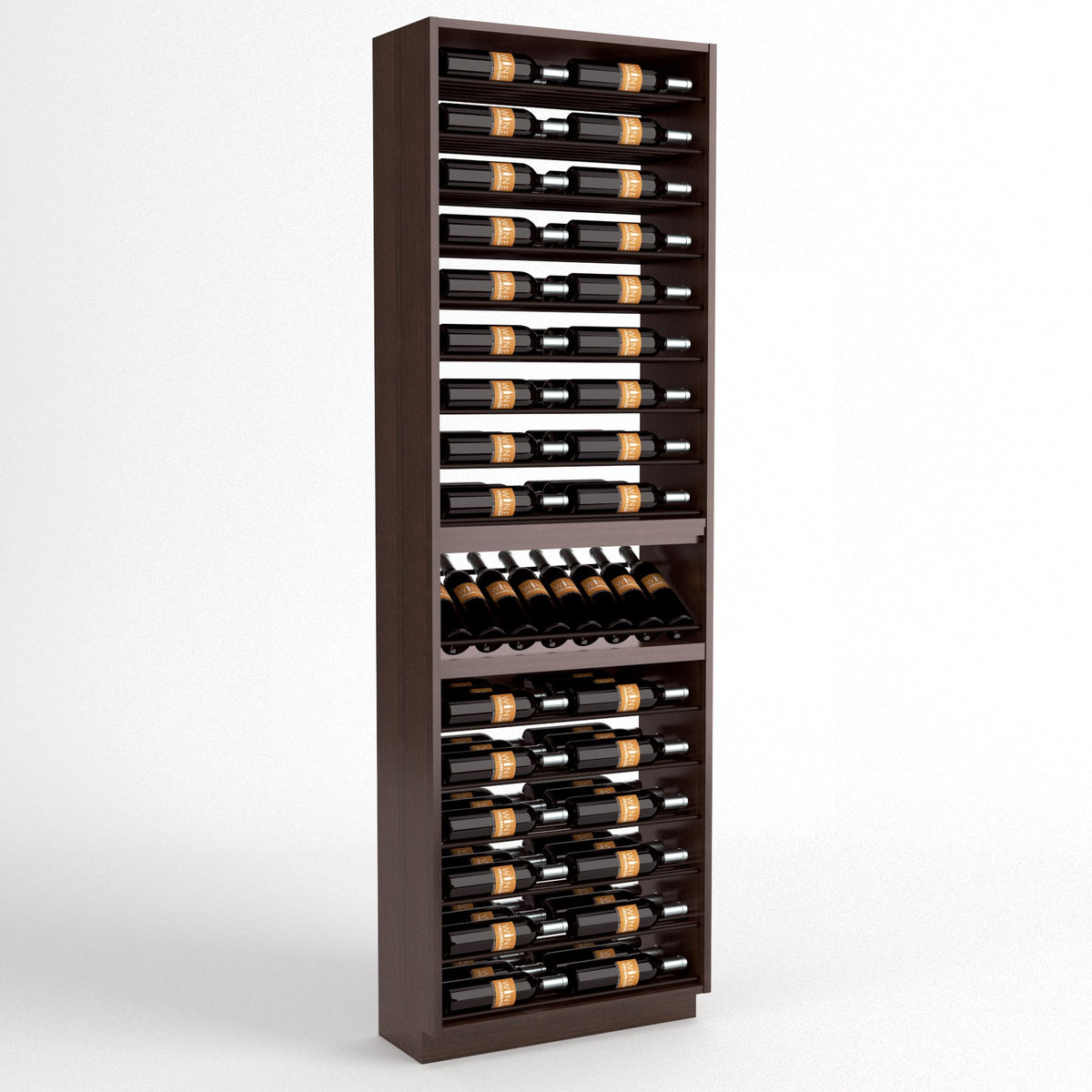 Dark wood wine bottle display rack with six-column rails and a curved bottle holder