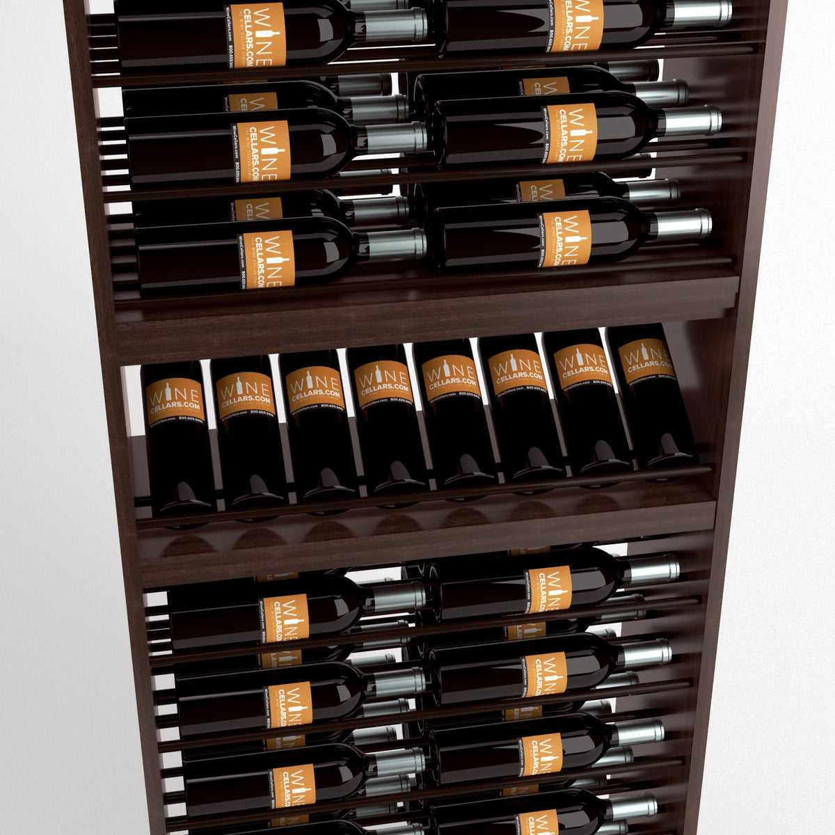 Wood wine bottle display rack with multiple horizontal rows of dark bottles, close-up.