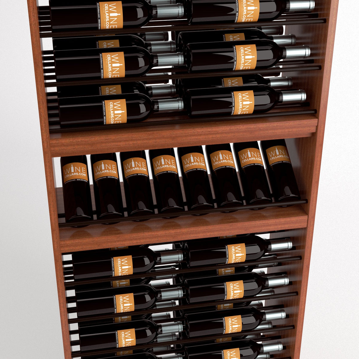 Wood wine rack with rows of labeled bottles and a front shelf holding additional bottles