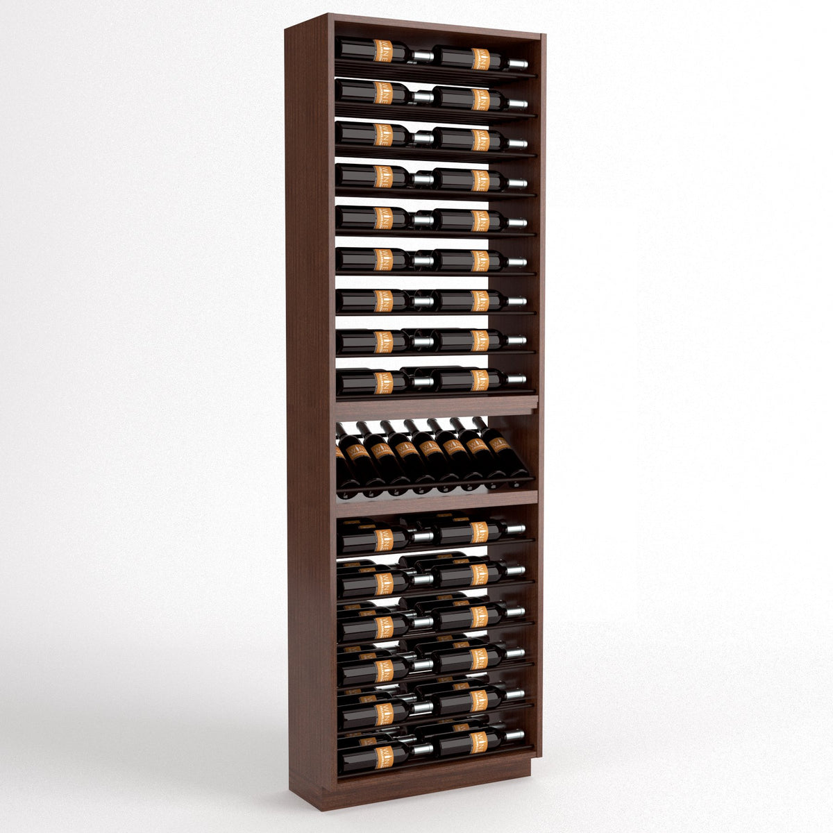 Tall wood wine bottle display rack with 6 columns, holding bottles and a mid tray