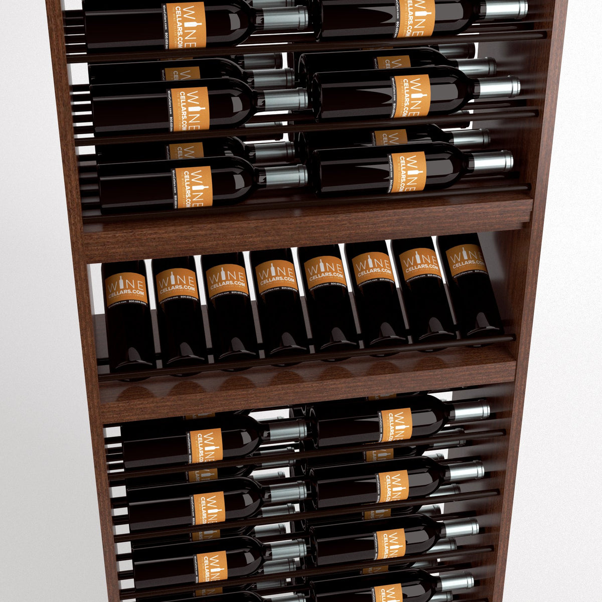 Wood wine bottle display rack showing stacked bottle rows with dark bottles and labels.
