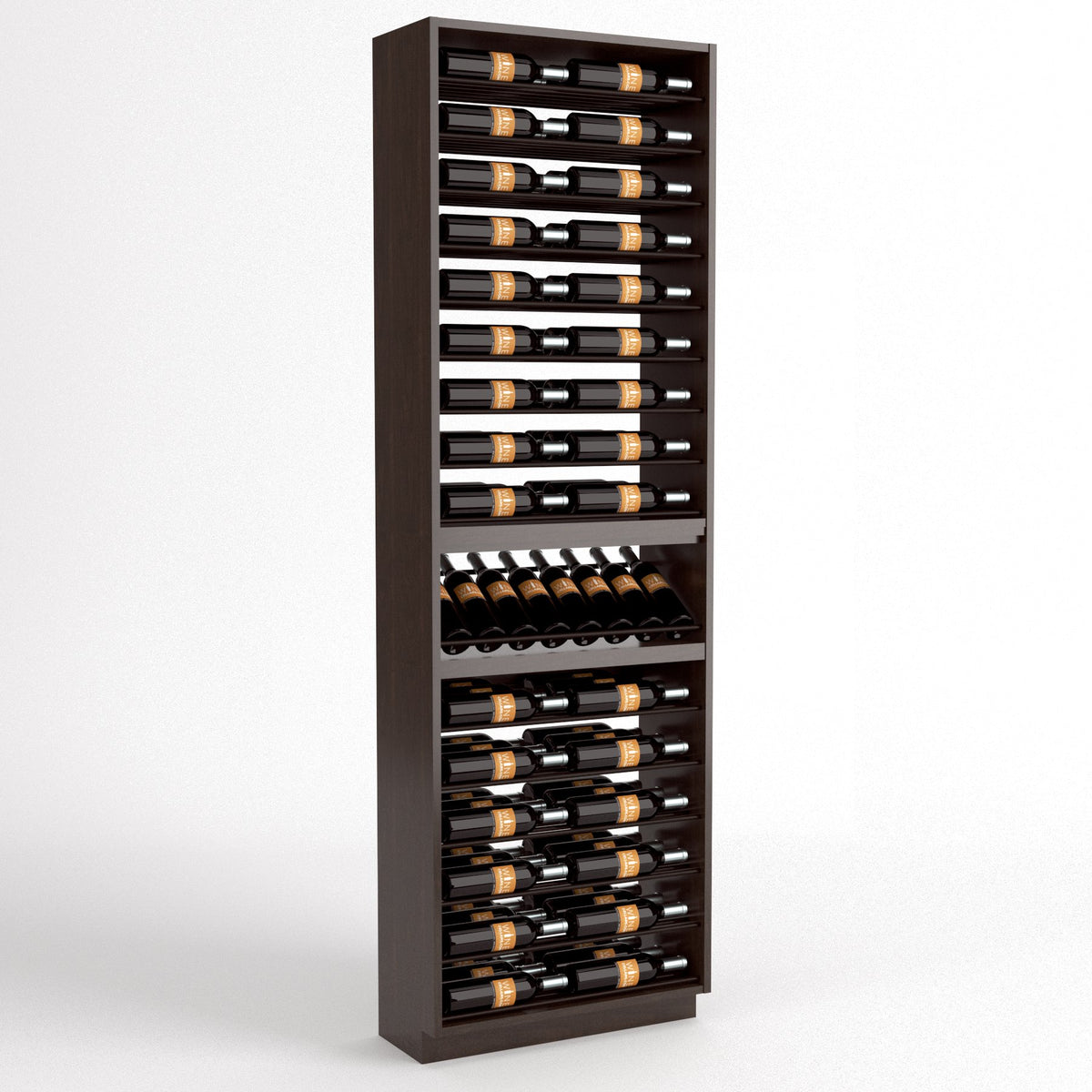 Full view of dark wood wine bottle display rack with bottle rails and center holder row