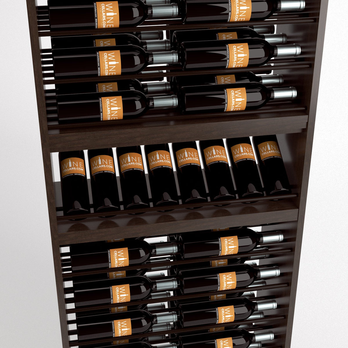 Wood wine rack close-up with bottle storage slots and a front row resting on a shelf