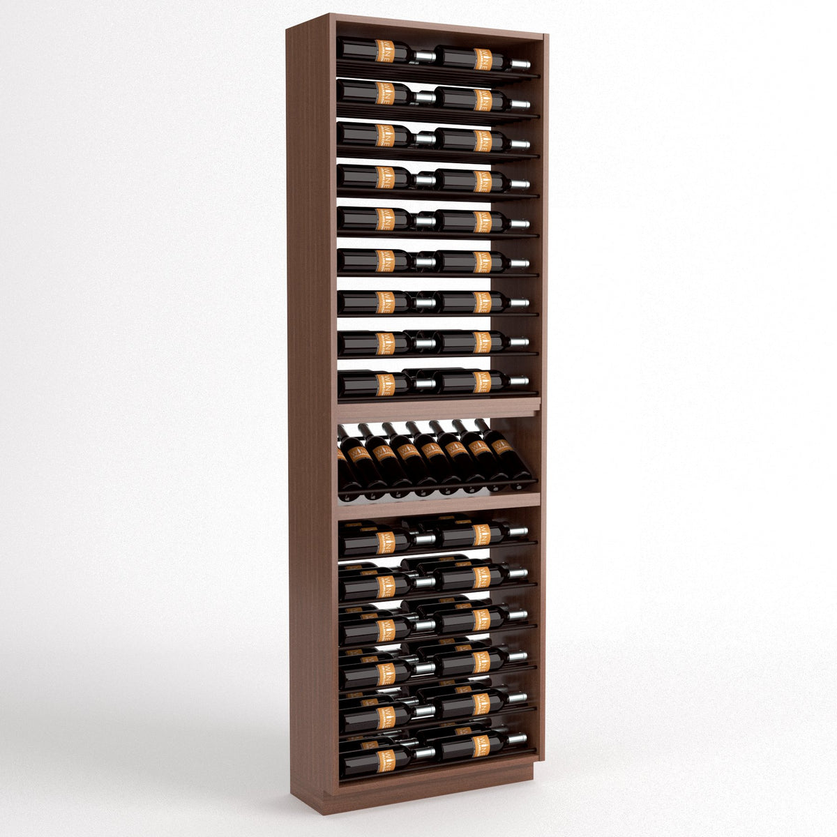Wood wine bottle rack with 6 columns, interior shelves holding bottles and a base tray