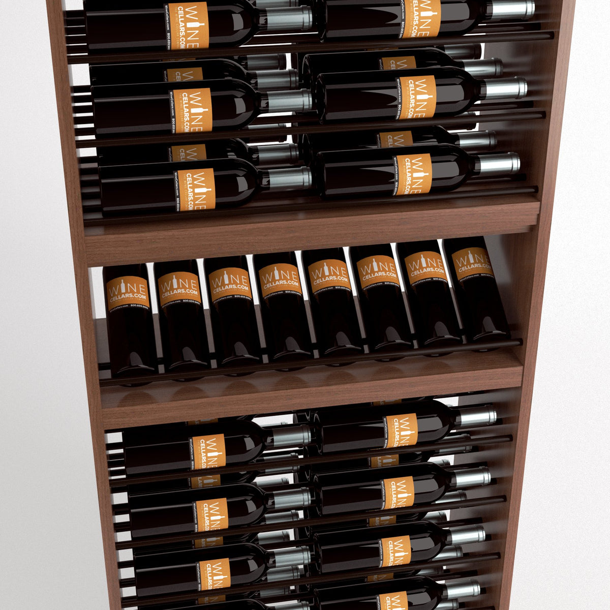 Wood wine rack close-up showing labeled bottles in staggered rows and a base holder