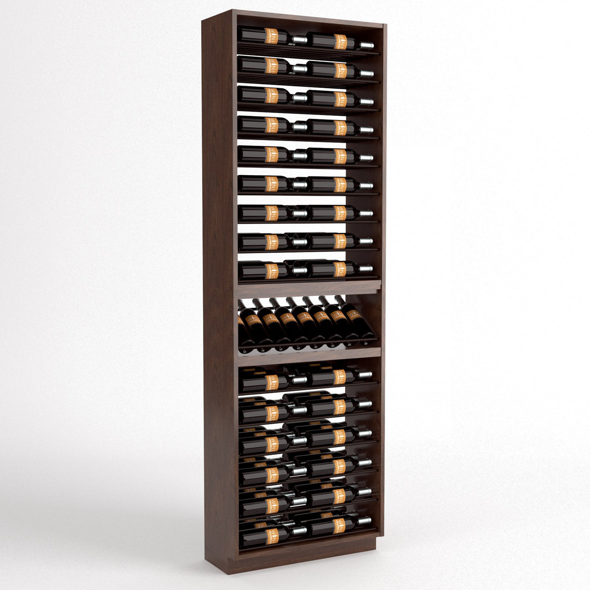 Tall wine bottle rack with six columns, bottle tray insert, and wooden frame