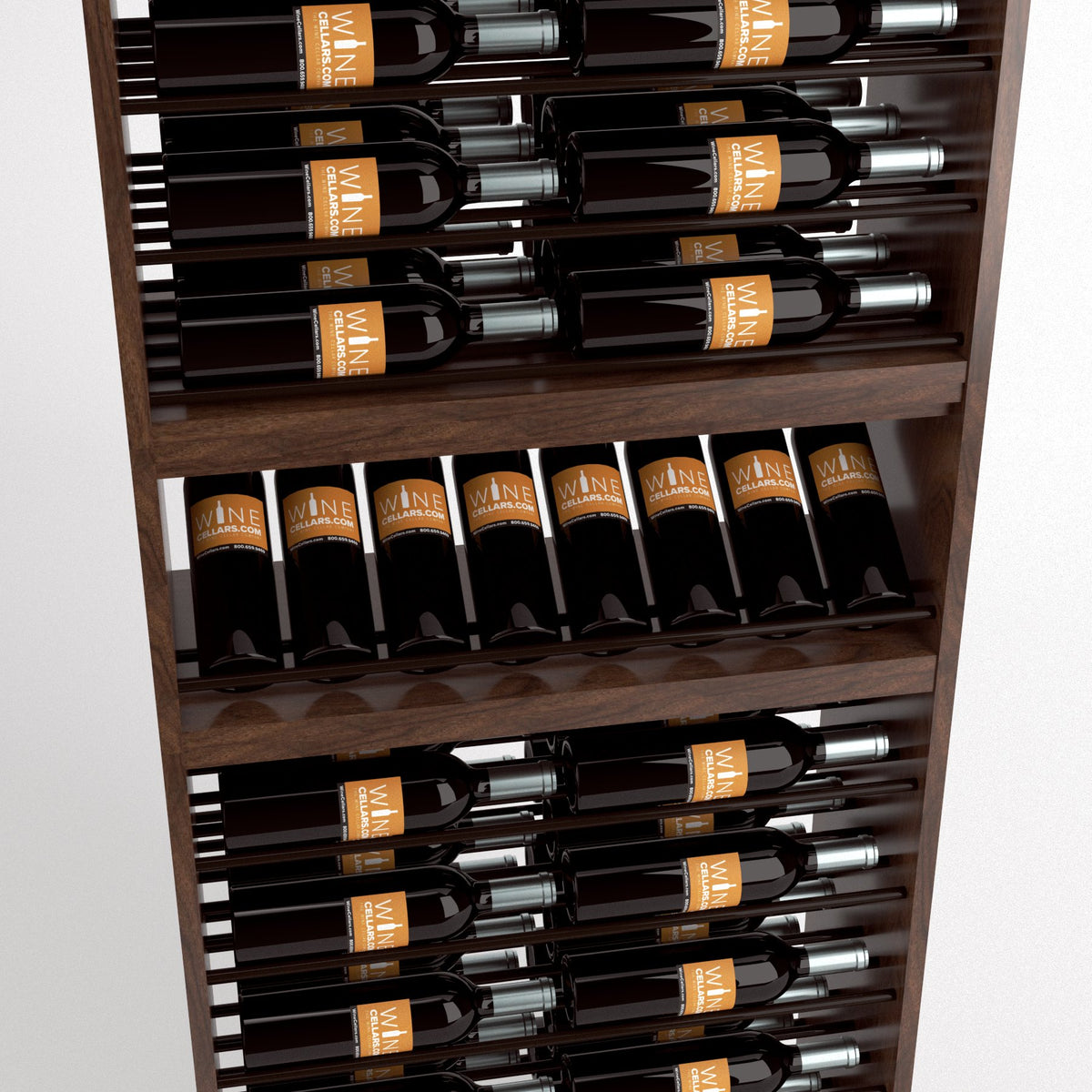 Wood wine rack interior with rows of bottles in horizontal slots and a mid shelf