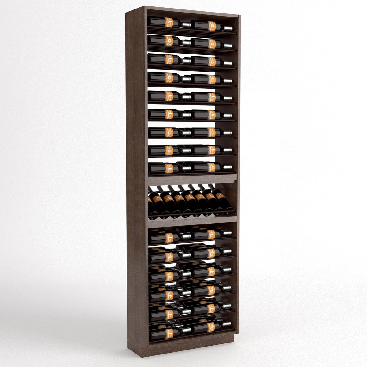 Tall wood wine bottle display rack with 6 columns and a curved bottle tray