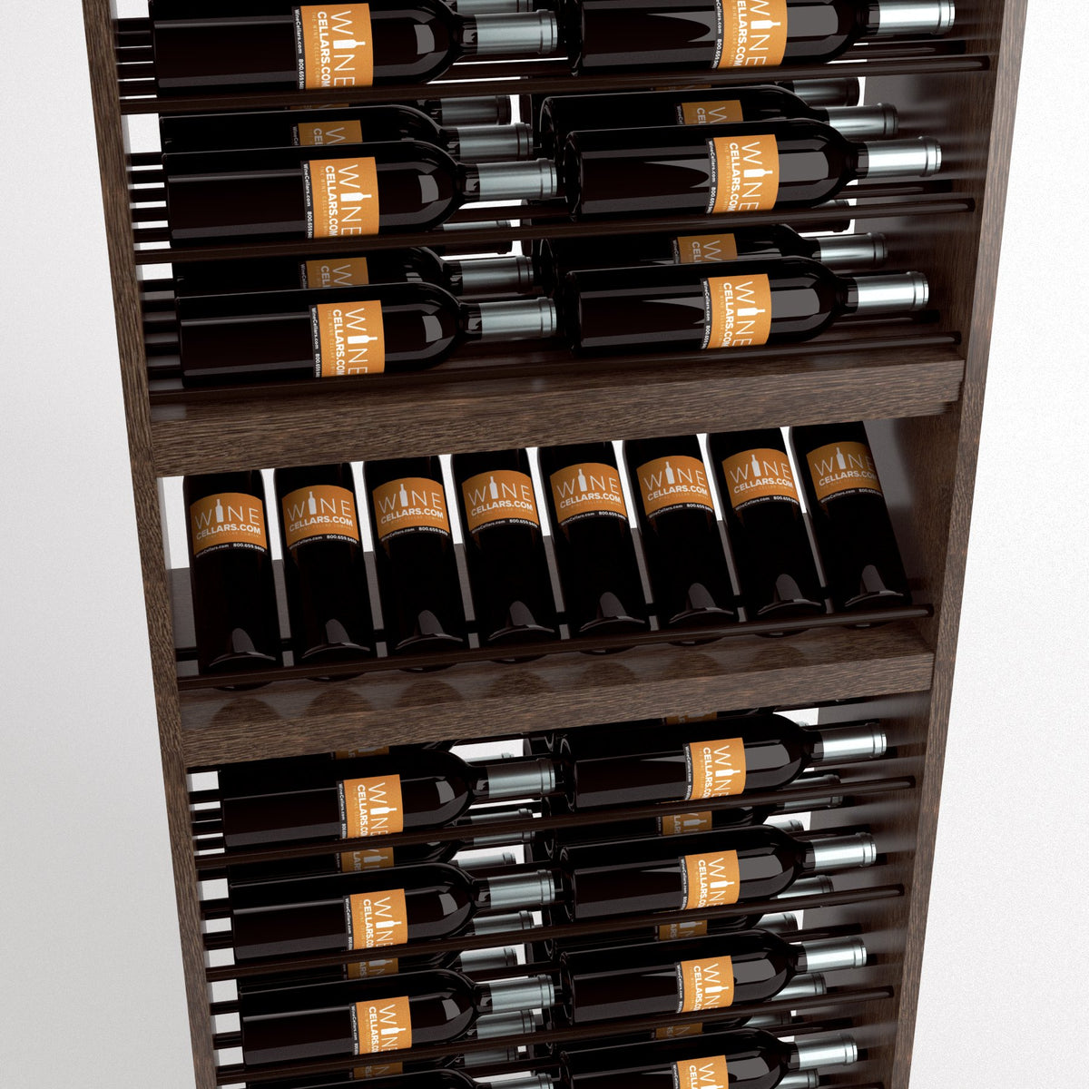 Wood wine bottle display rack close-up of lower shelves with dark wine bottles.