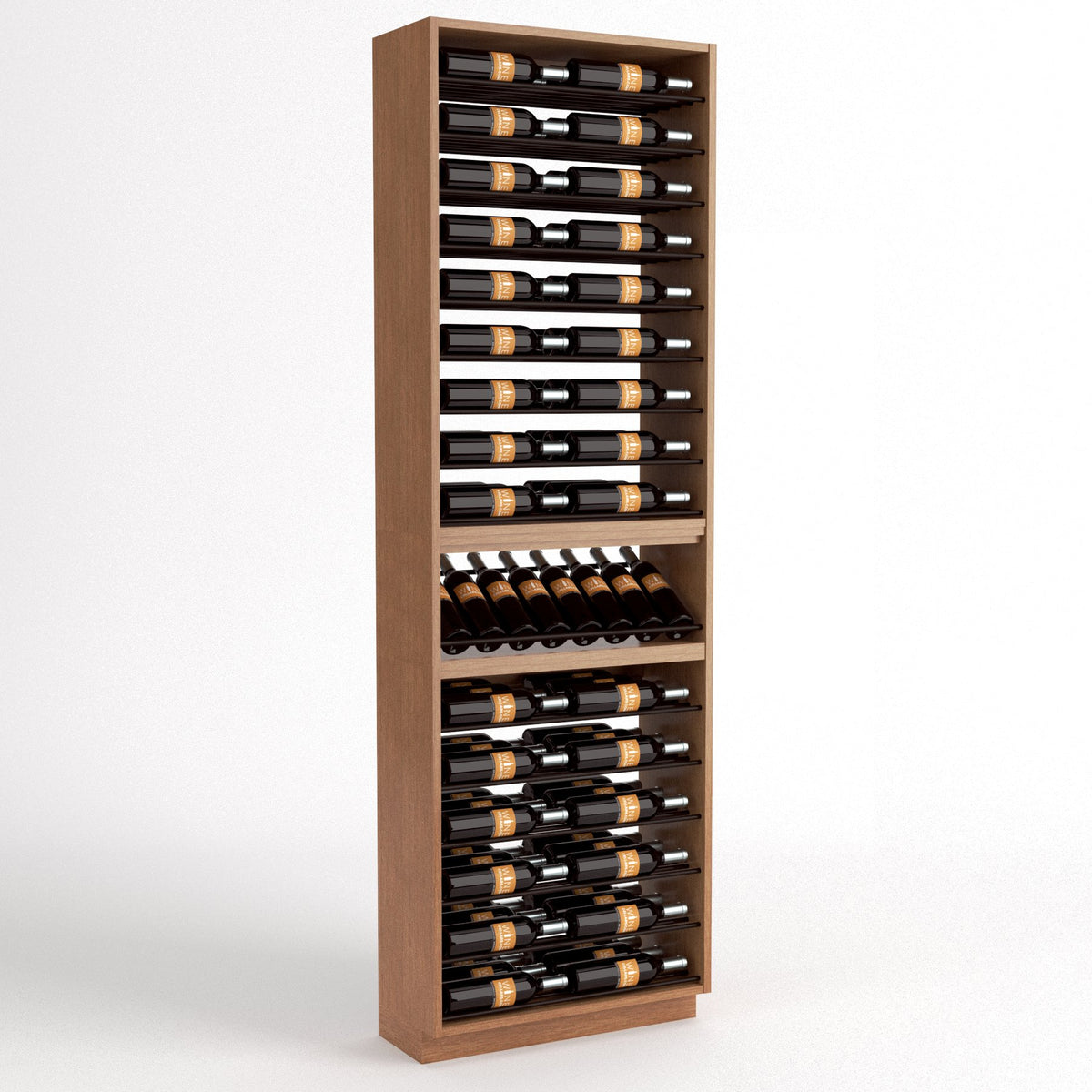Tall wooden wine rack with 6 columns and interior shelves holding bottles