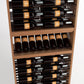Wood wine bottle display rack with several bottle rows and an open lower shelf area.
