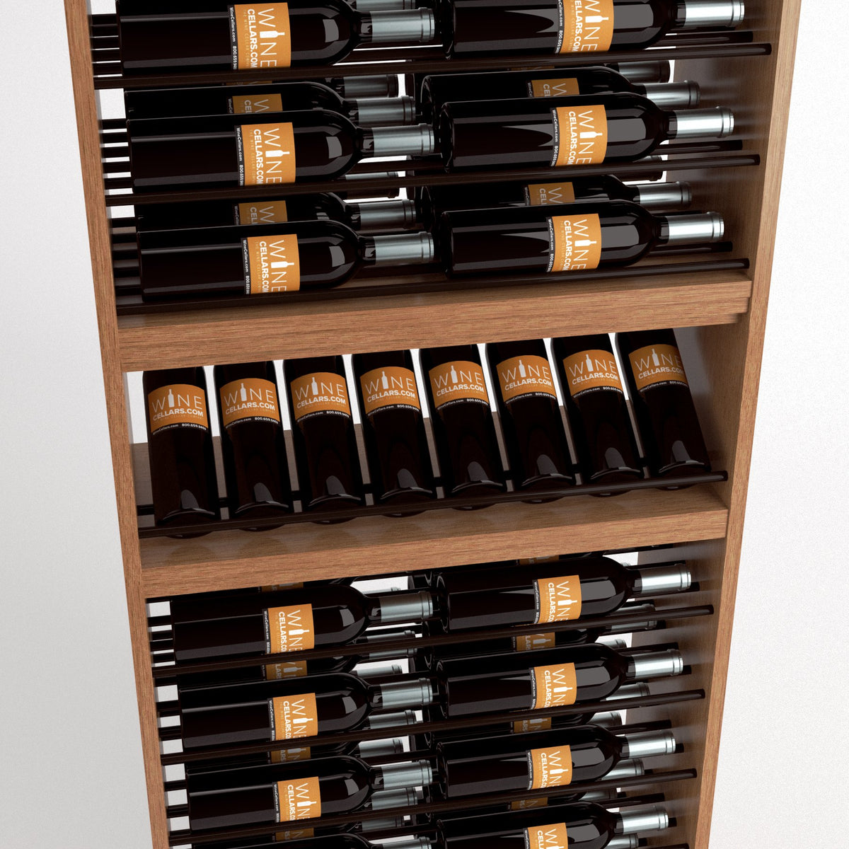 Wood wine bottle display rack with several bottle rows and an open lower shelf area.