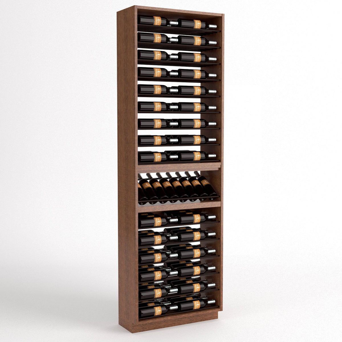 Tall wooden wine bottle rack with many horizontal slots and a curved bottom section.