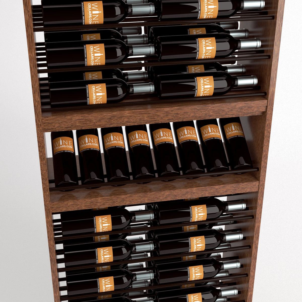 Close-up of a wood wine rack showing bottle rows, front slots, and a curved base tray