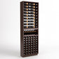Dark wood wine rack cabinet with top bottle rails, curved bottle cradles, and front cubbies