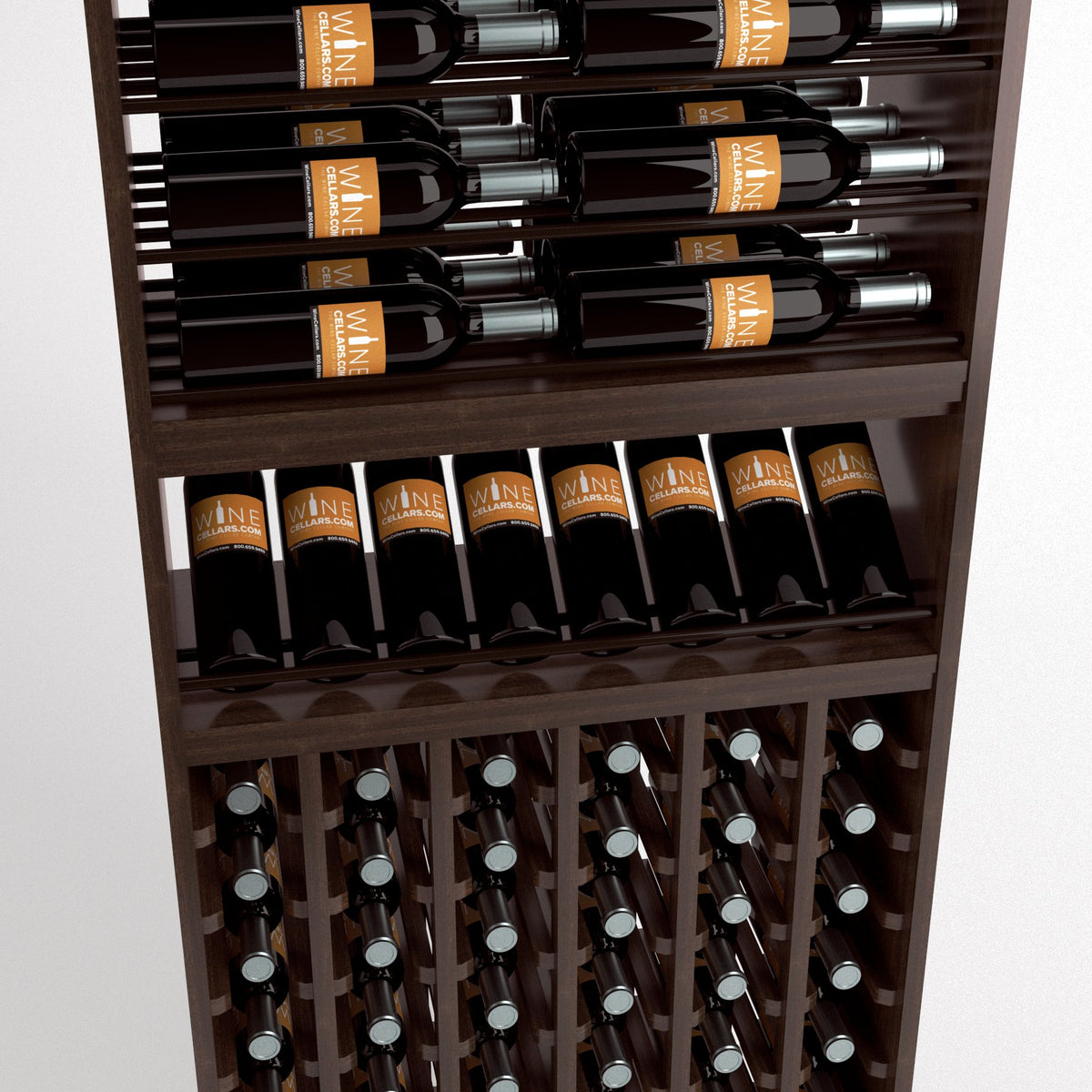 Wood wine rack close-up with horizontal bottle rails, arched display shelf, and cellar bottle storage