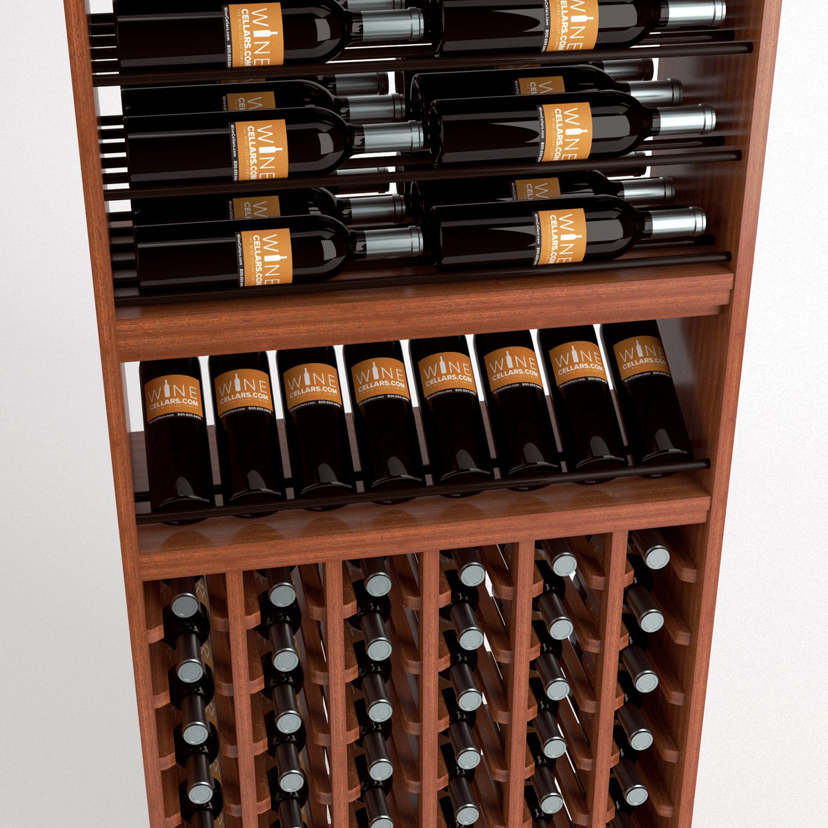 Wood wine rack showing stacked bottle slots with lower cubby compartments