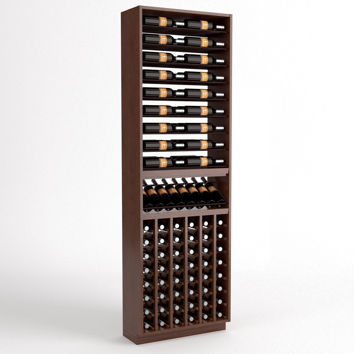 Dark wood wine rack cabinet with top bottle rails and front cubby storage for bottles