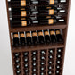 Wood wine rack with top row rails, front shelf, and lower bottle cubbies